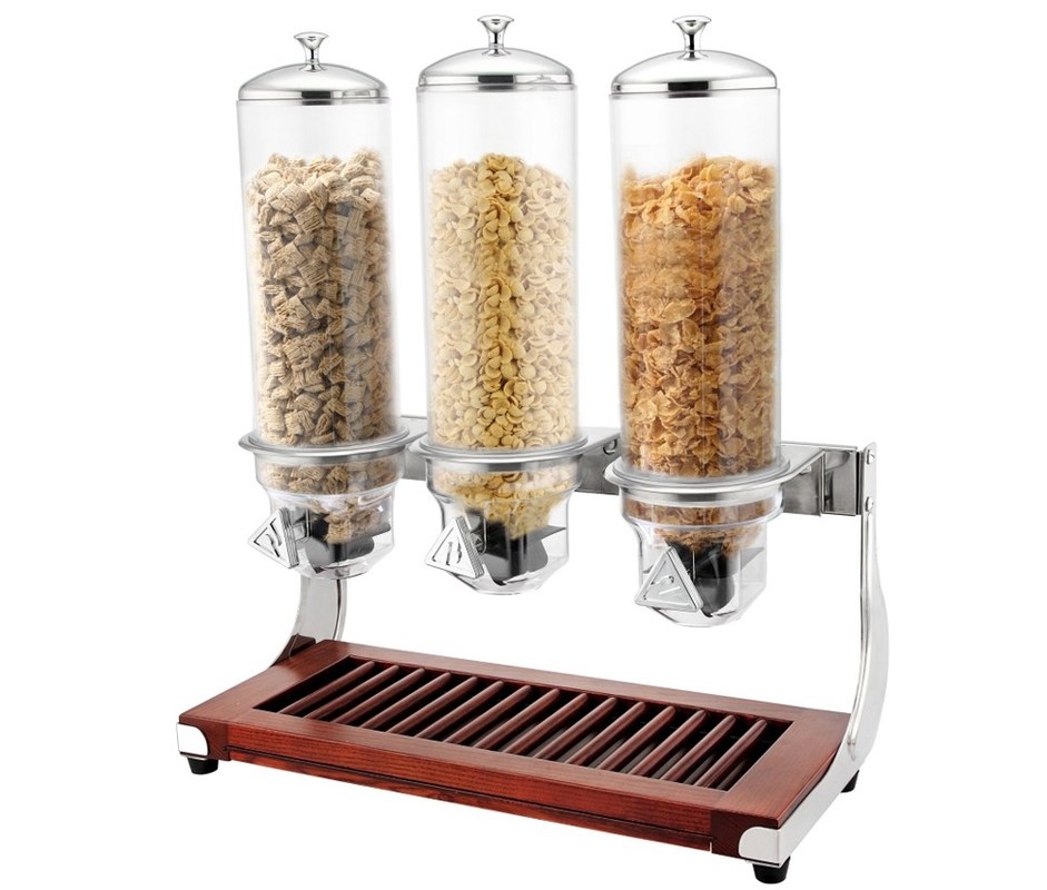 CE Stainless Steel Cookwares , Wooden Base Triple Cereal Dispenser for