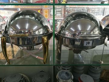 Mirror Finish Stainless Steel Cookwares / Round Food Pan with Round Roll Top Lid Fully Open at 180°