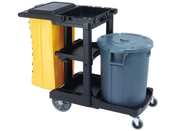 Black Plastic Cleaning Cart with 3 Shelves and Yellow Vinyl Bag 4'' Non - Marking Casters and 8" Rear Wheels