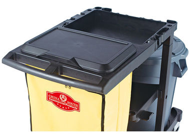 Black Plastic Cleaning Cart with 3 Shelves and Yellow Vinyl Bag 4'' Non - Marking Casters and 8" Rear Wheels