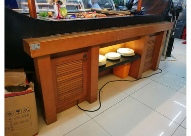 Boat Shaped Commercial Buffet Equipment Mahogany Made Refrigerated Sushi Buffet Counter