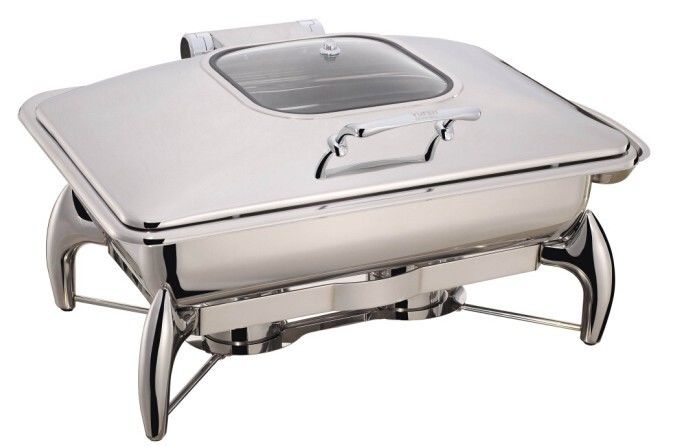 Buffet Stainless Steel Cookwares Mechanical Hinge Induction Chafing Dish Full Size Food Pan 9.0Ltr Glass Window Lid