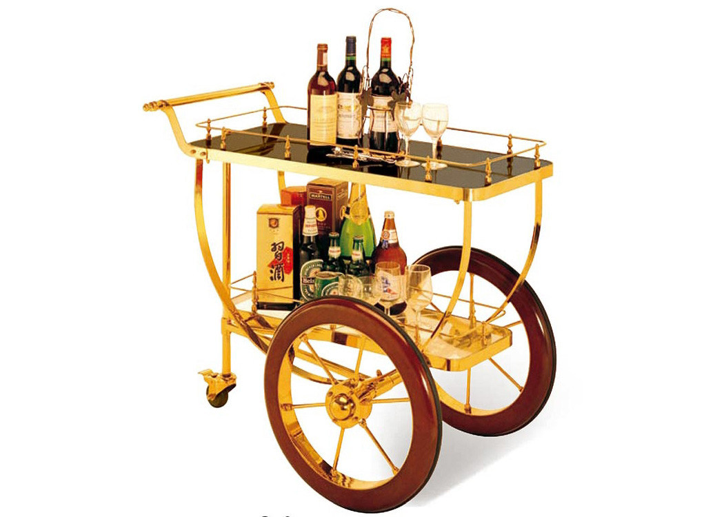 Big Wheel Room Service Equipments Wine Serving Cart Mirror Gold
