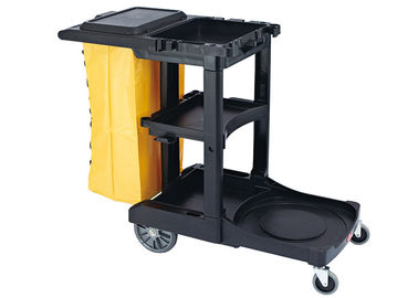 Black Plastic Cleaning Cart with 3 Shelves and Yellow Vinyl Bag 4'' Non - Marking Casters and 8" Rear Wheels