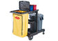Black Plastic Cleaning Cart with 3 Shelves and Yellow Vinyl Bag 4'' Non - Marking Casters and 8&quot; Rear Wheels