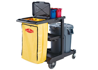 Black Plastic Cleaning Cart with 3 Shelves and Yellow Vinyl Bag 4'' Non - Marking Casters and 8" Rear Wheels
