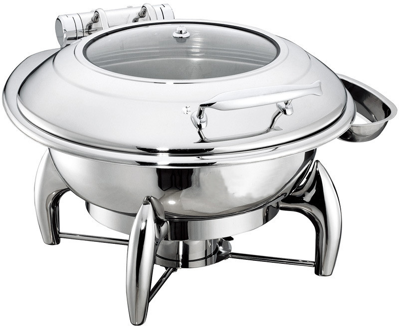 Round Chafing Dish Hydraulic Lid with Glass Window Optional φ35cm 6.0Ltr Food Pan Stainless